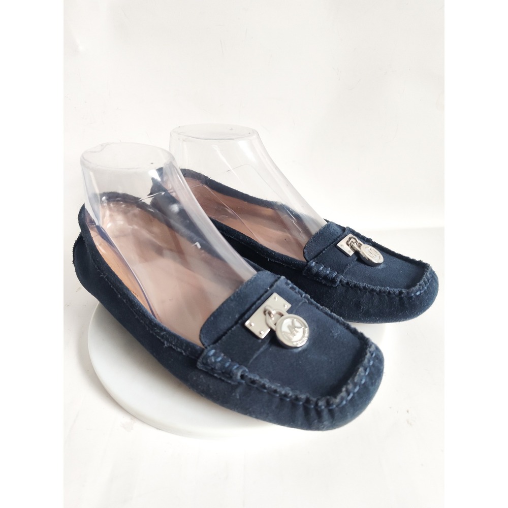 Michael Kors Loafers 7 Navy Blue Suede MK Padlock Moccasins Preppy‎ Logo Luxury